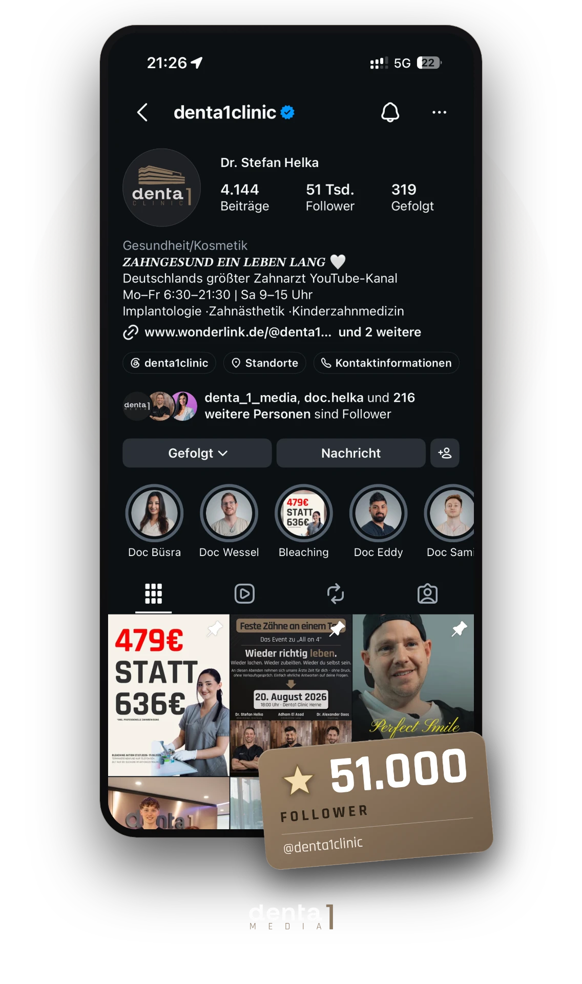 Instagram-Profil @denta1clinic mit 51.000 Followern